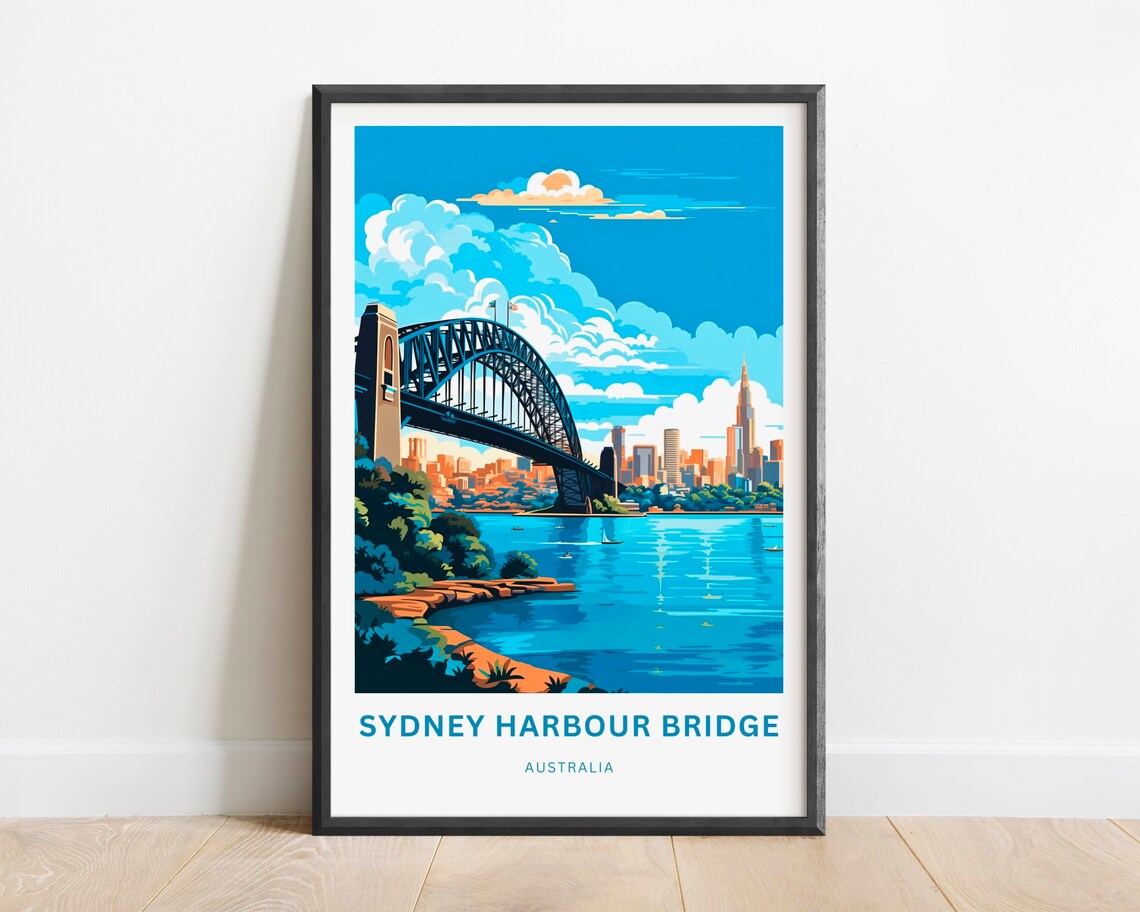 Sydney Harbour Bridge Australia Waterfront Skyline Retro Travel Poster