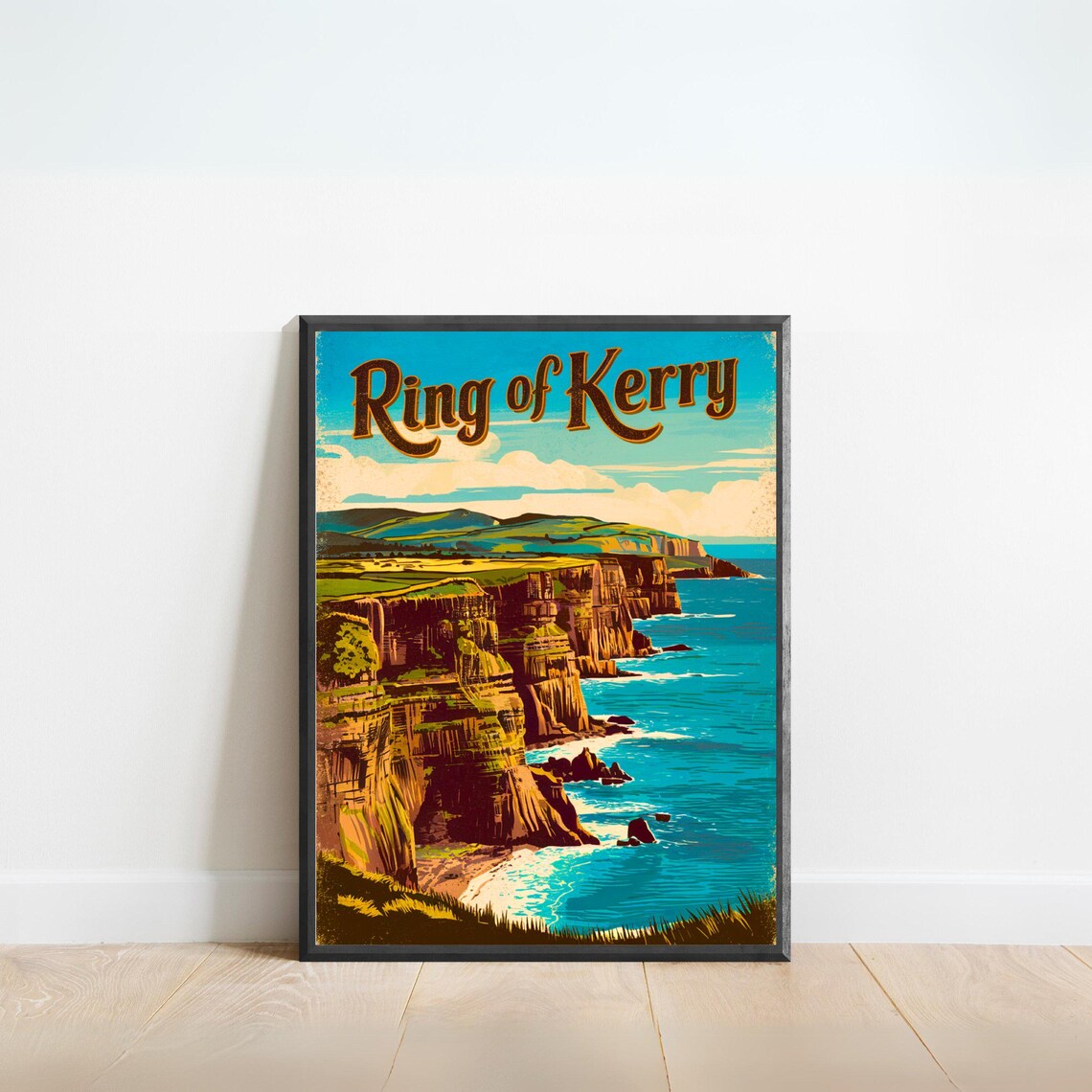 Ring of Kerry Ireland Golden Cliffs Turquoise Sea Vintage Art Poster
