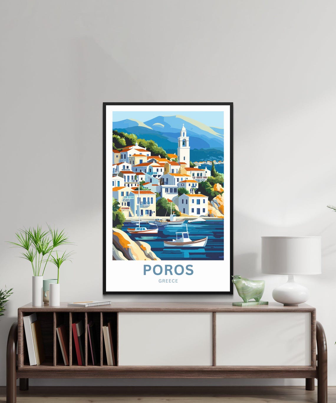 Poros Greece Sunny Whitewashed Hillside Harbor Boats Travel Poster - Image 2