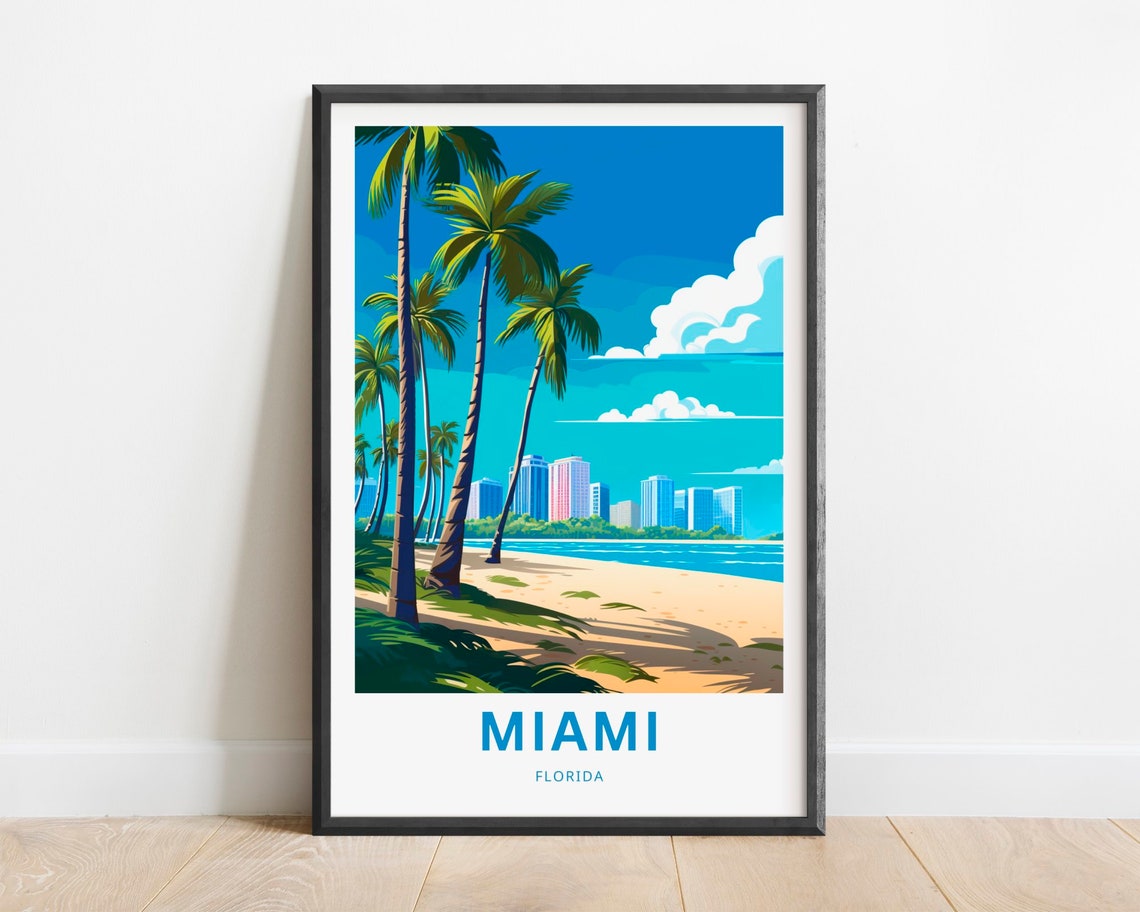 Miami Florida Palm Beach Skyline Sunny Coastal Travel Poster