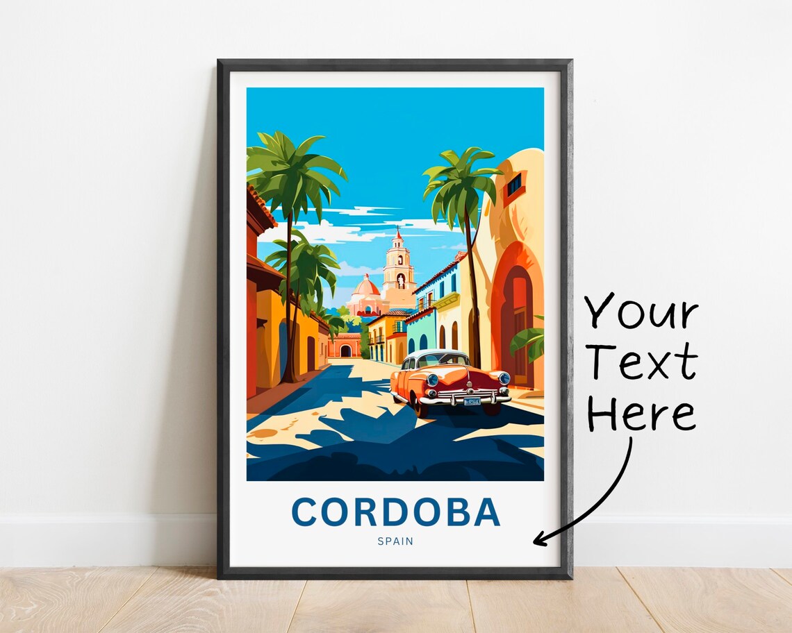 Cordoba Spain Street Classic Car Church Tower Custom Travel Poster