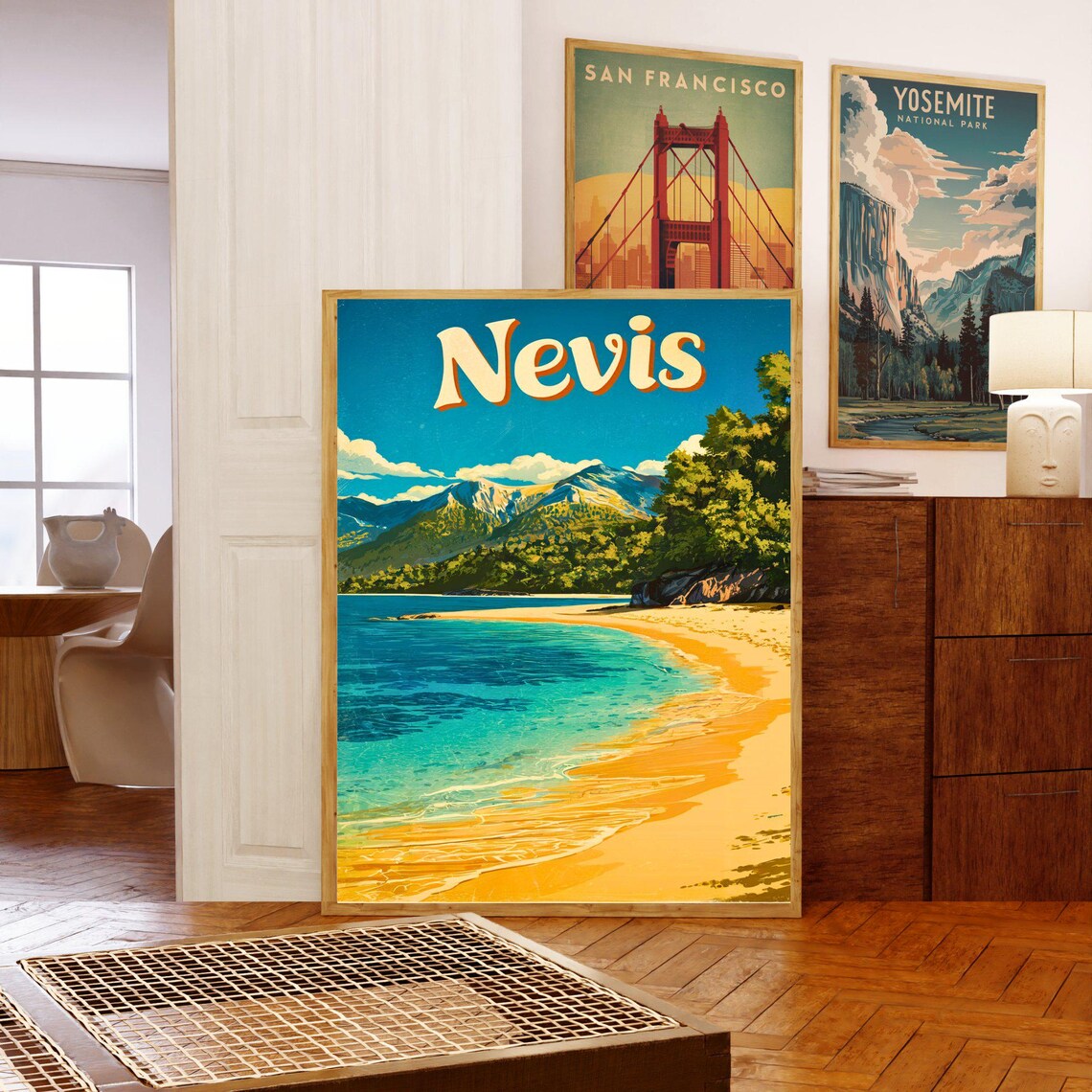 Vintage Nevis Caribbean Golden Cove Beach Mountain Travel Poster - Image 5