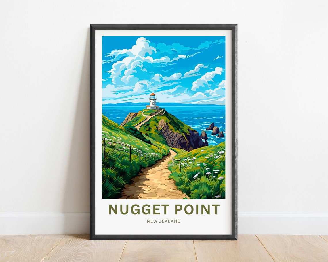 Nugget Point New Zealand Lighthouse Flower Meadow Path Travel Poster