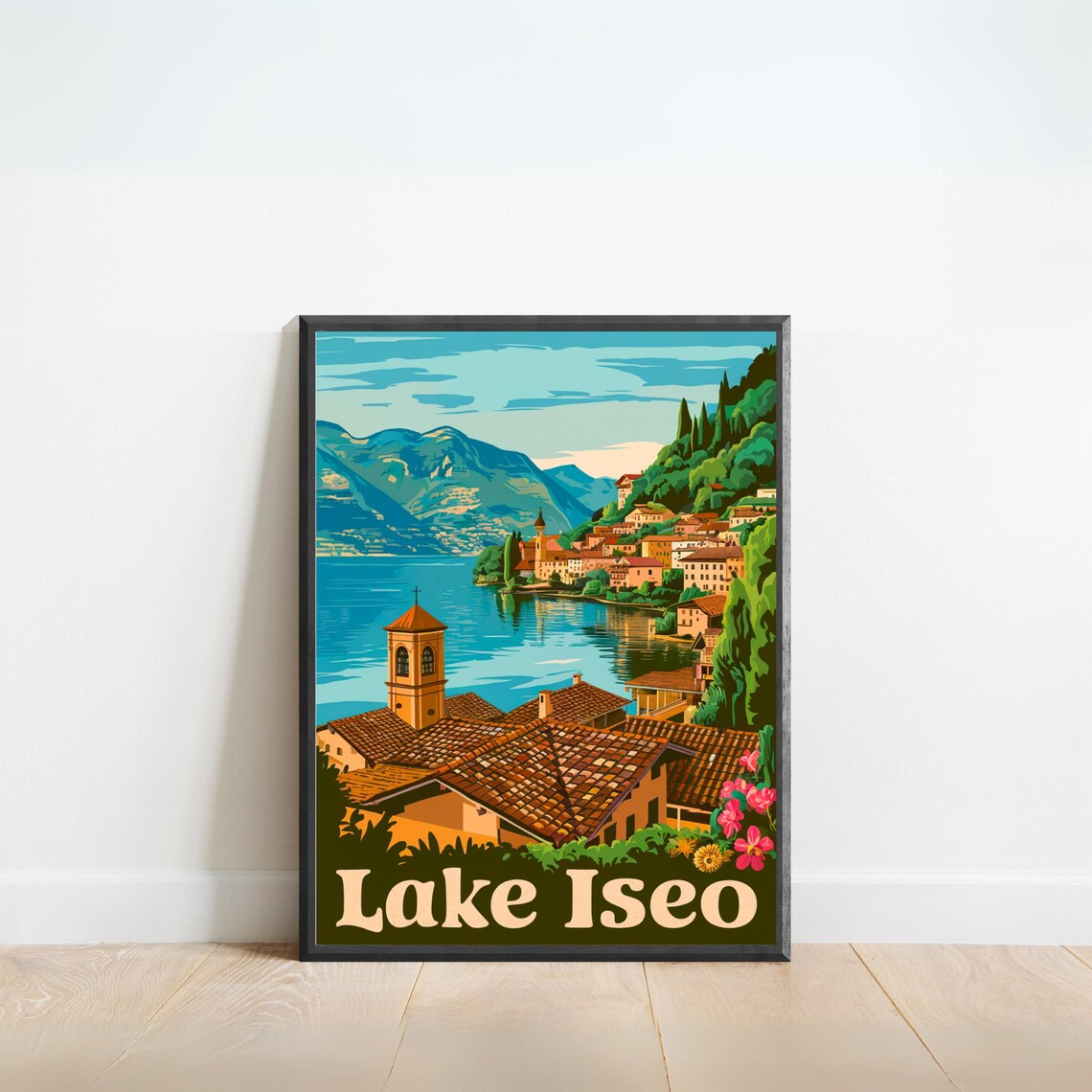 Lake Iseo Italy Lakeside Village Vintage Travel Poster Church Tower