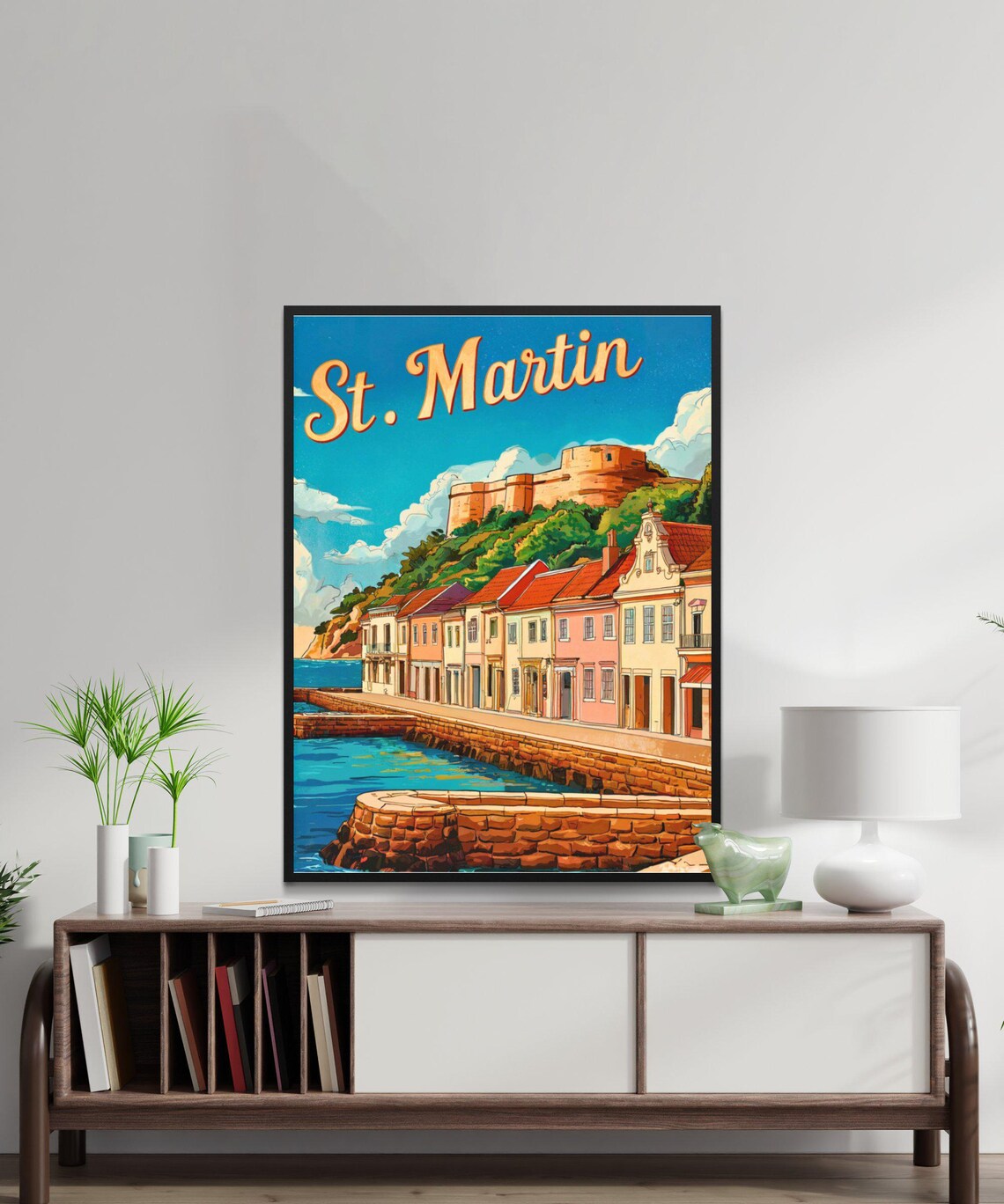 Saint Martin Caribbean Harbor Fort Town Vintage Travel Poster - Image 2