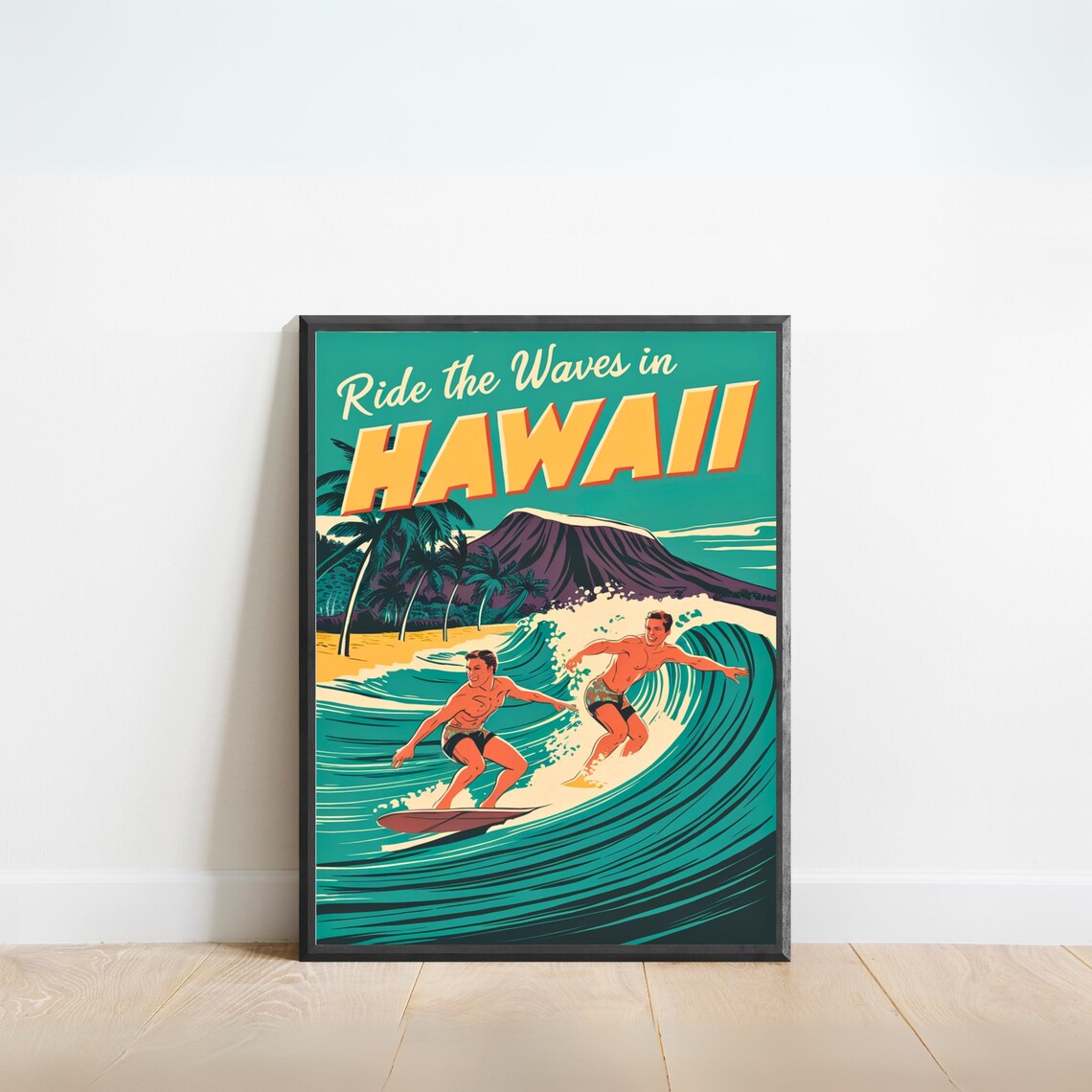 Ride the Waves in Hawaii Retro Surf Volcano Beach Vintage Poster