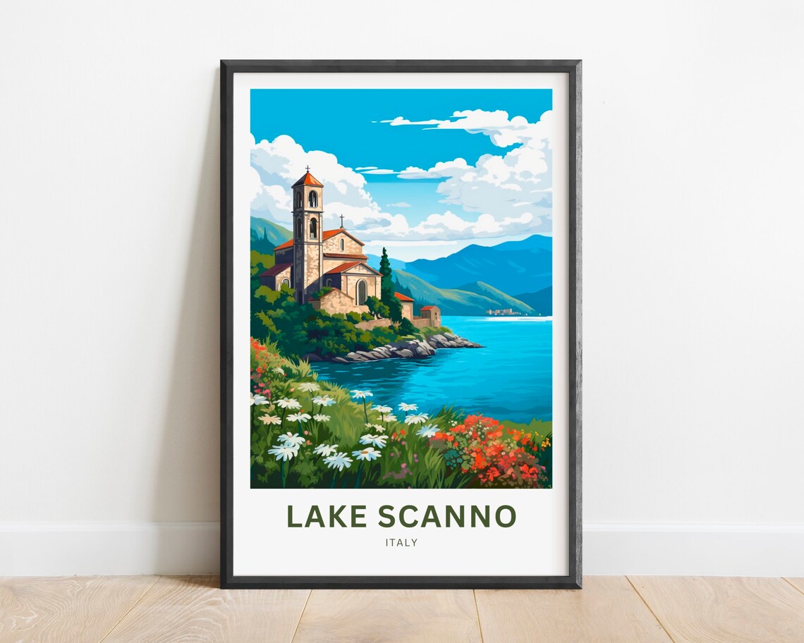 Lake Scanno Italy Travel Lakeside Church Flowers Vintage Art Poster