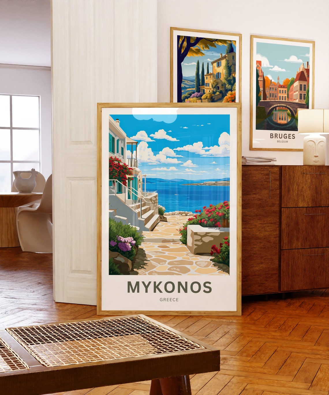 Mykonos Greece Whitewashed Alley Blue Sea View Custom Art Poster - Image 5