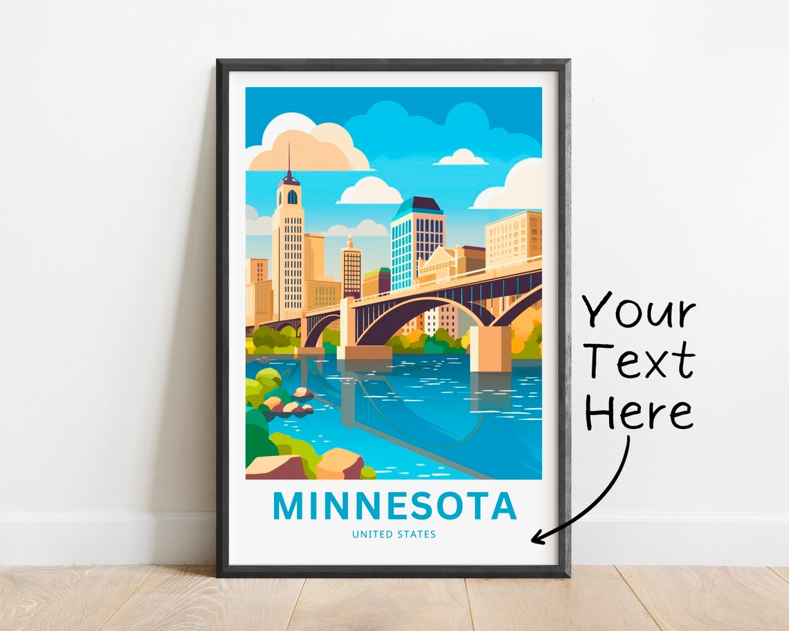 Minnesota Personalized Travel Poster River Bridge Custom Text Art