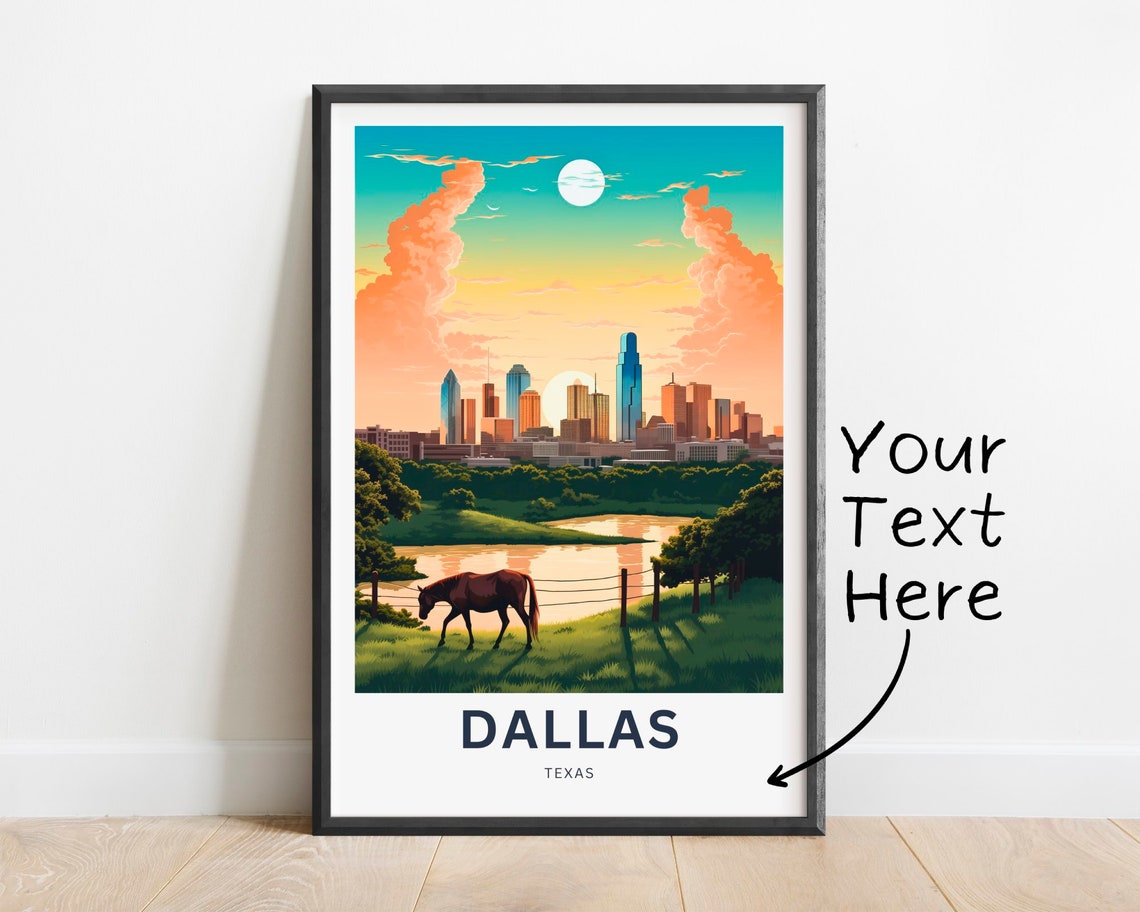 Personalized Dallas Texas Skyline Horse River Moon Travel Poster