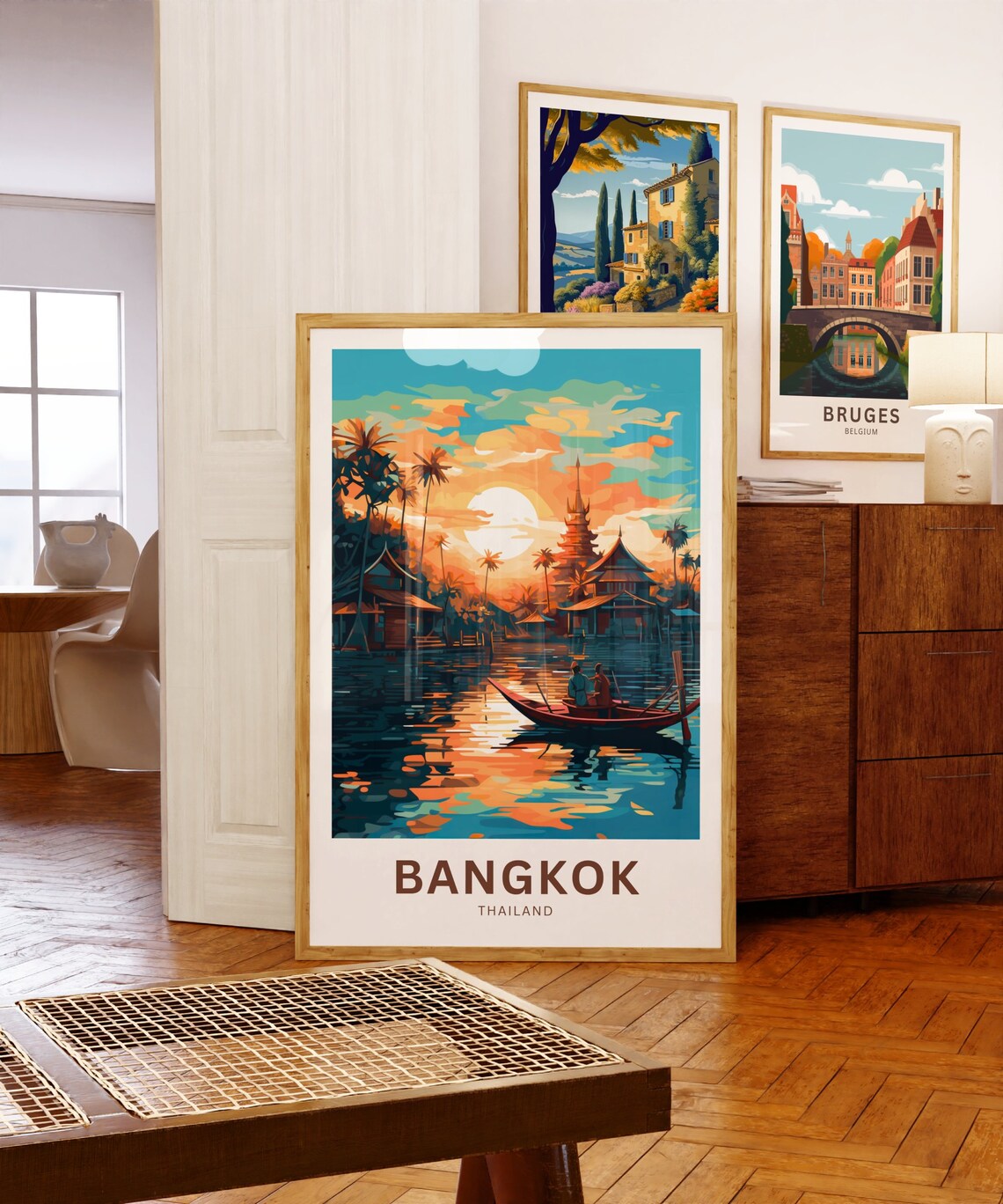 Bangkok Thailand Sunset River Boat and Temples Golden Travel Poster - Image 5