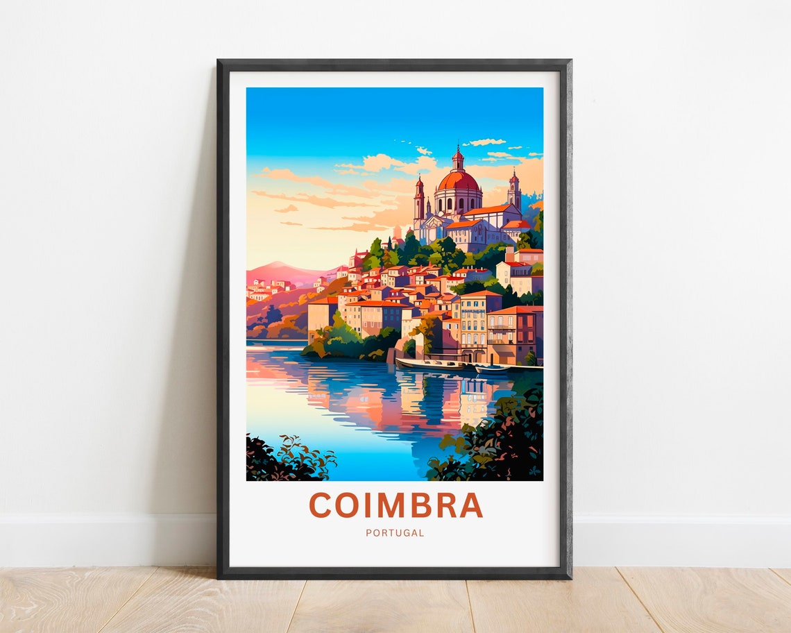 Coimbra Portugal River Sunset Reflections Boats Travel Poster