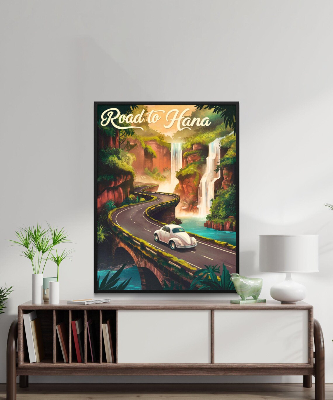 Road to Hana Hawaii Waterfall Bridge Vintage Beetle Travel Poster - Image 3