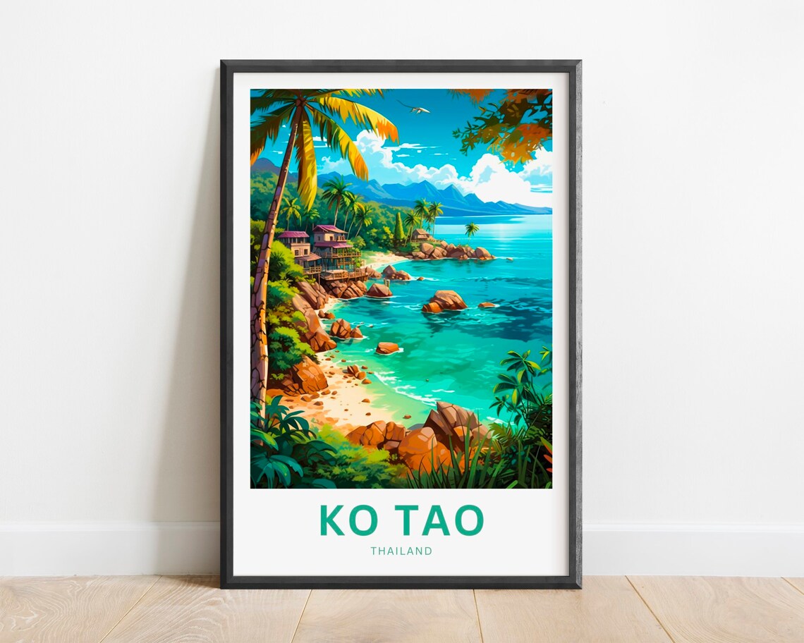 Ko Tao Thailand Turquoise Cove Palm Rocks Vintage Travel Poster
