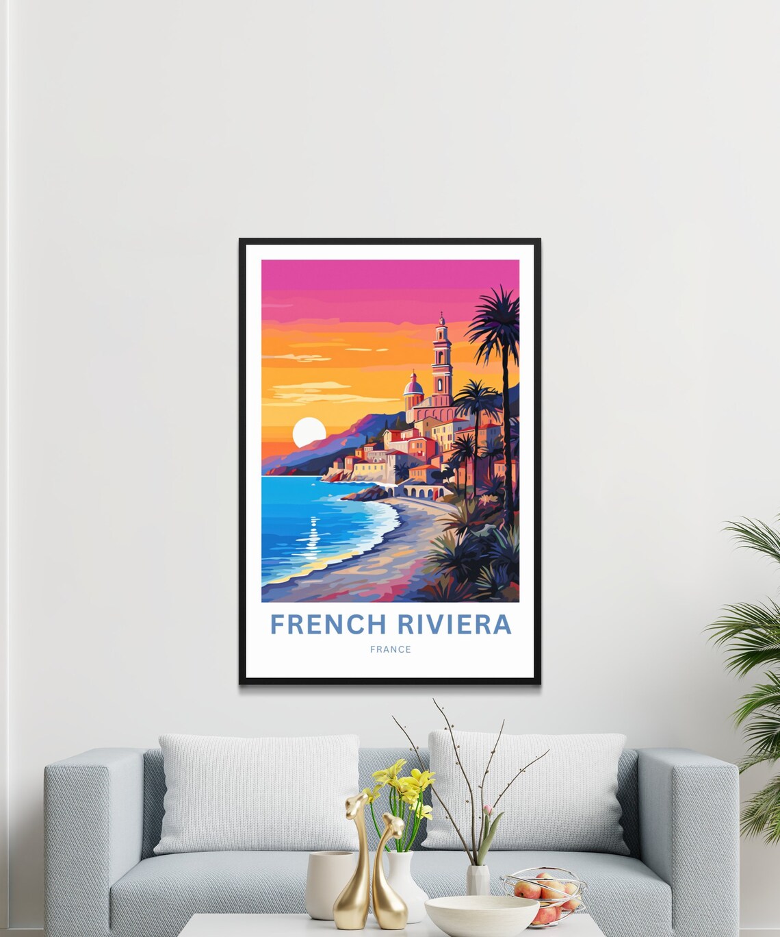 French Riviera France Travel Poster Sunset Coastal Town Palm Beach Art - Image 3