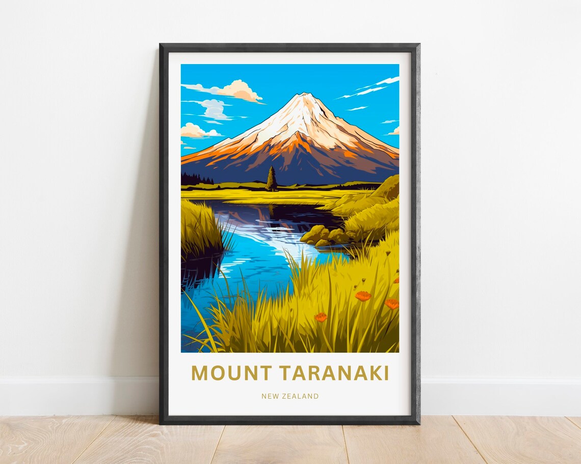 Mount Taranaki New Zealand Volcano Stream Golden Meadows Travel Poster