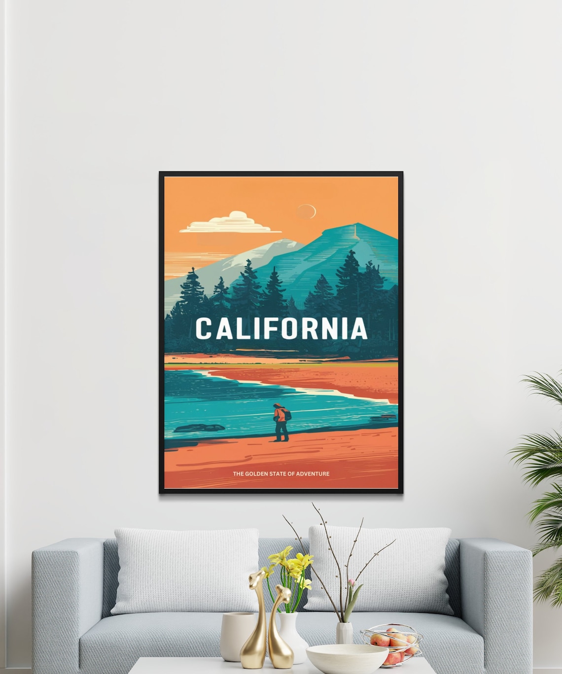 California Mountain Hiker Lake Adventure Vintage Travel Poster