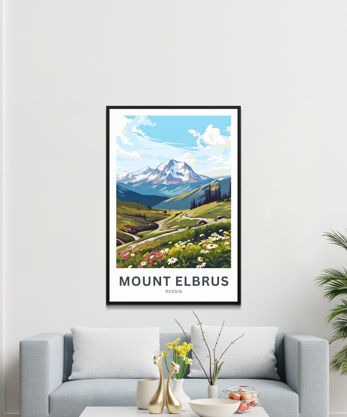 Mount Elbrus Russia Snowy Peaks Wildflower Meadow Scene Travel Poster - Image 3