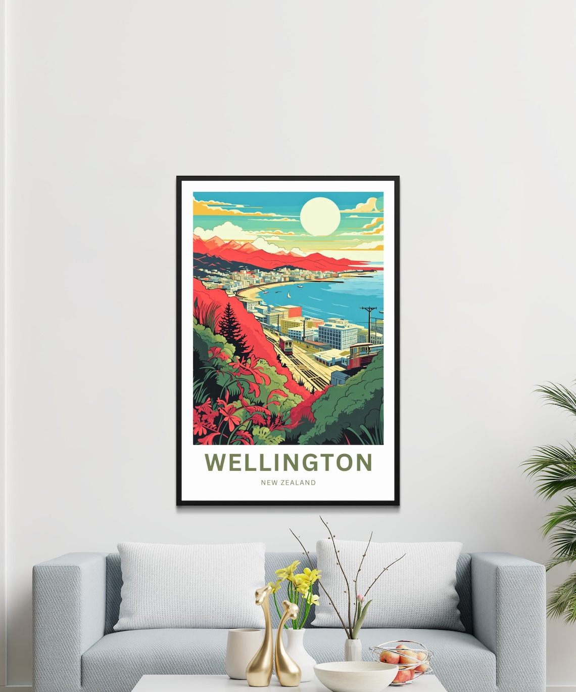 Wellington New Zealand Cable Car Sunlit Bay Retro Art Poster - Image 3