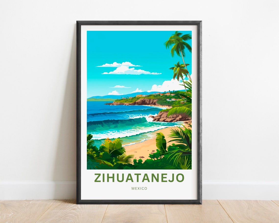 Zihuatanejo Mexico Rolling Ocean Waves Beach Palms Tropical Poster