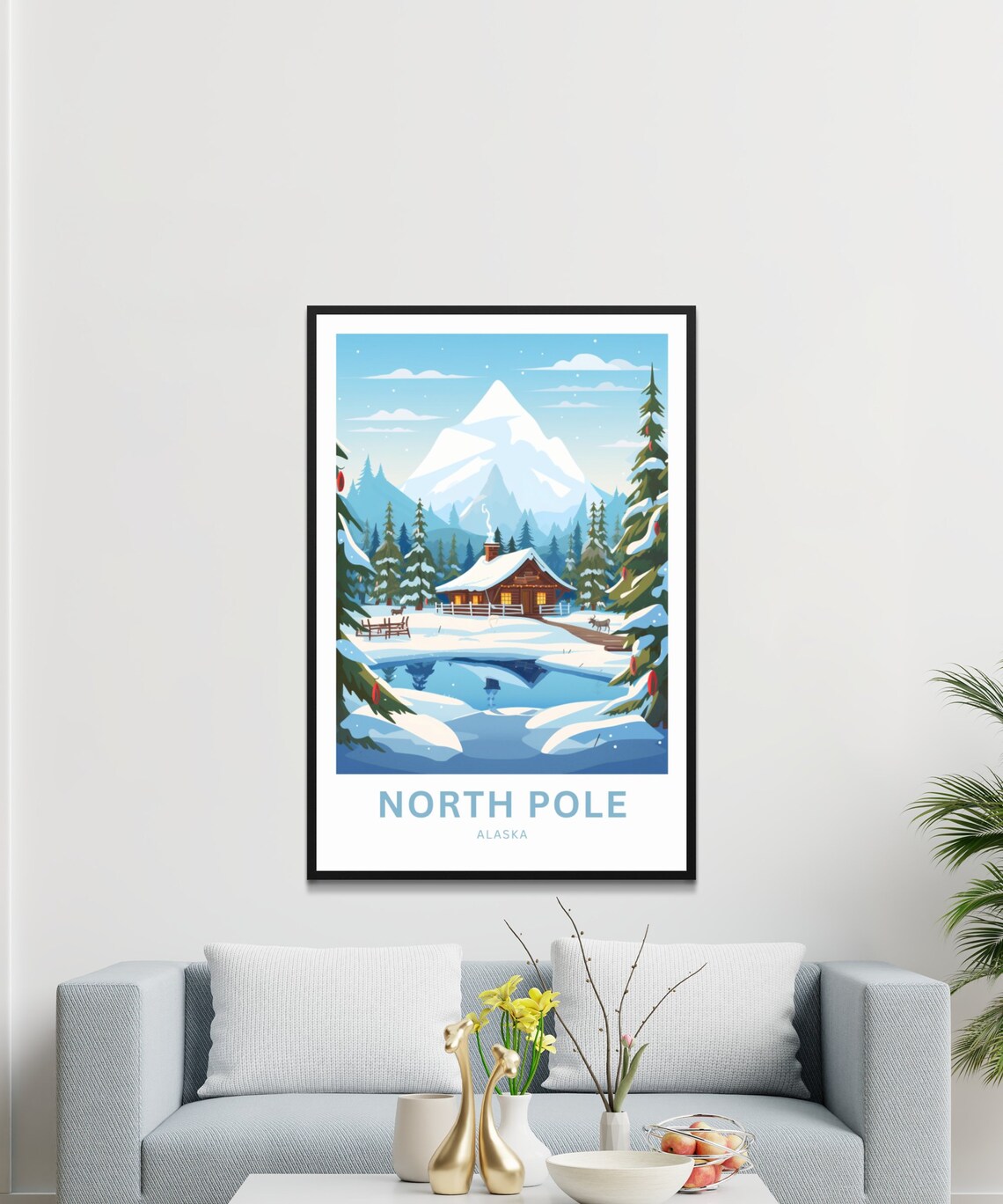 North Pole Alaska Custom Text Snowy Cabin Reindeer Travel Poster - Image 3
