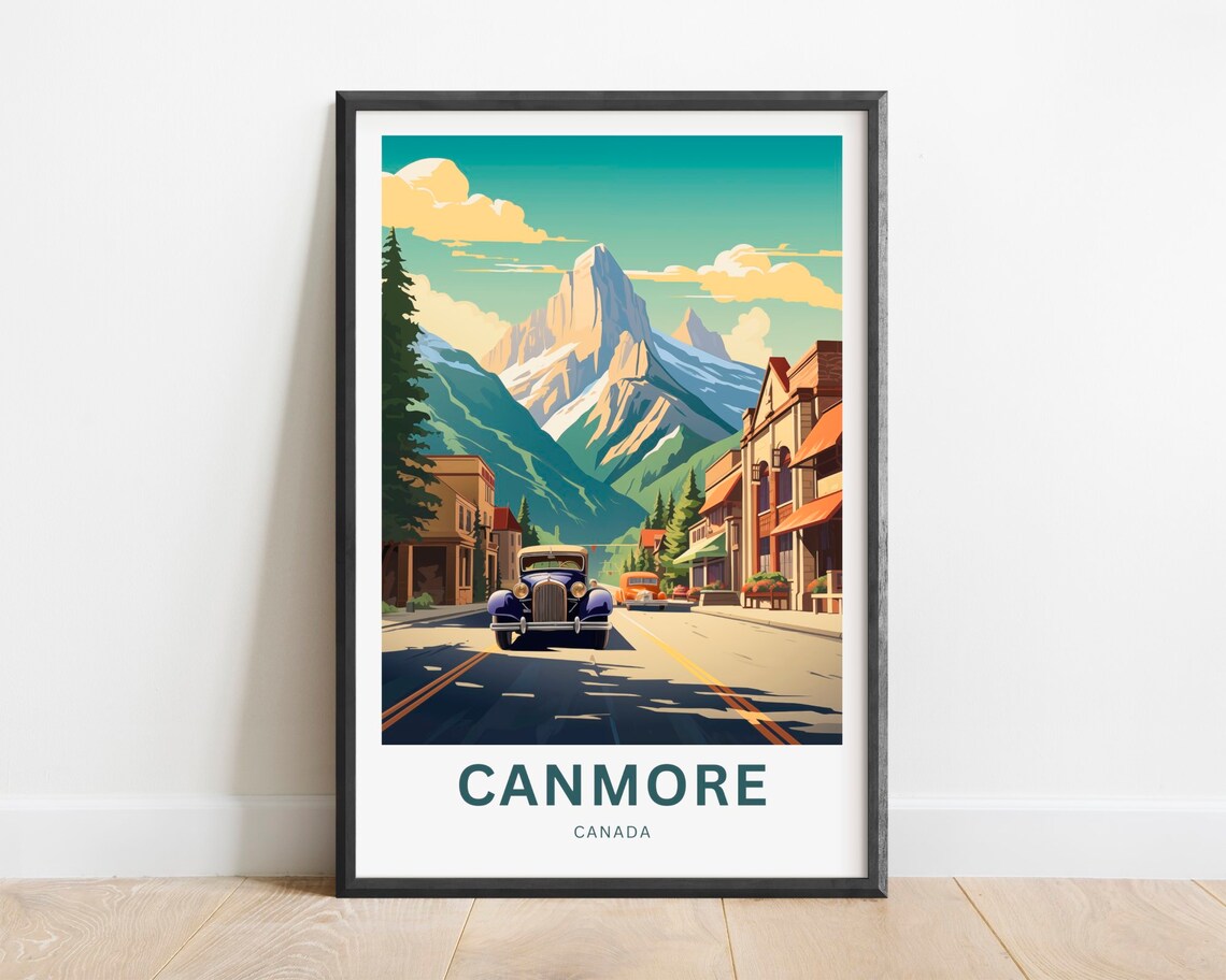 Canmore Canada Mountain Town Street Vintage Car Travel Poster