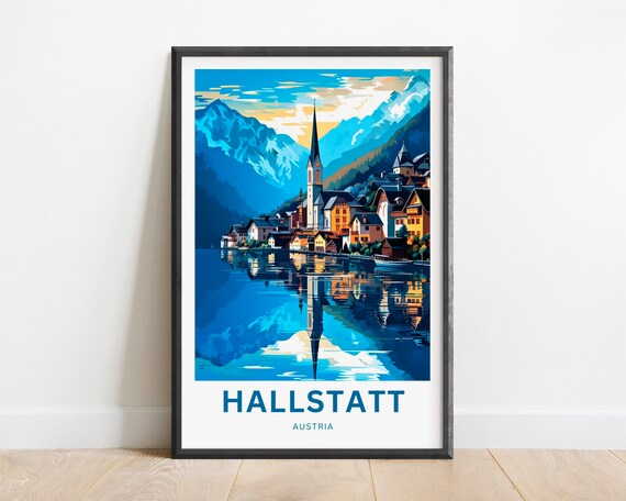Hallstatt Austria Lakeside Church Spire Bold Flat Travel Poster