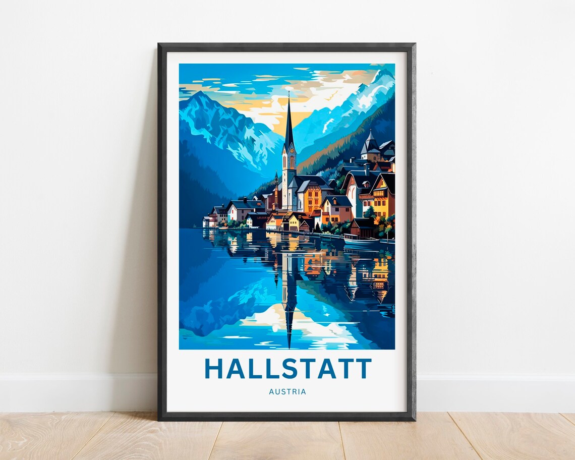 Hallstatt Austria Lakeside Church Spire Bold Flat Travel Poster