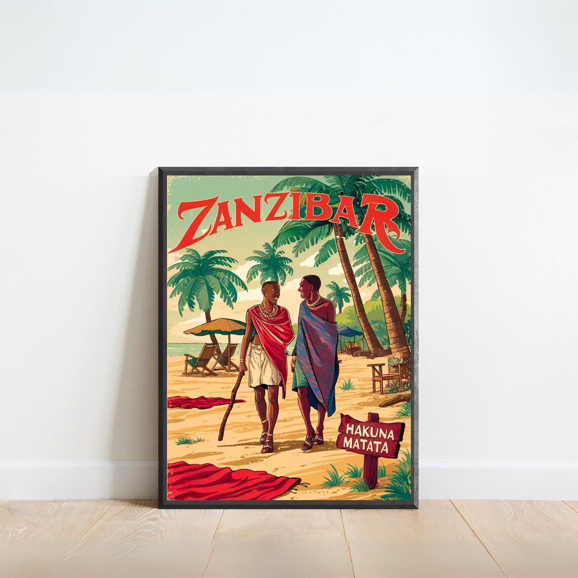 Zanzibar Tanzania Vintage Beach with Maasai Hakuna Matata Sign Poster