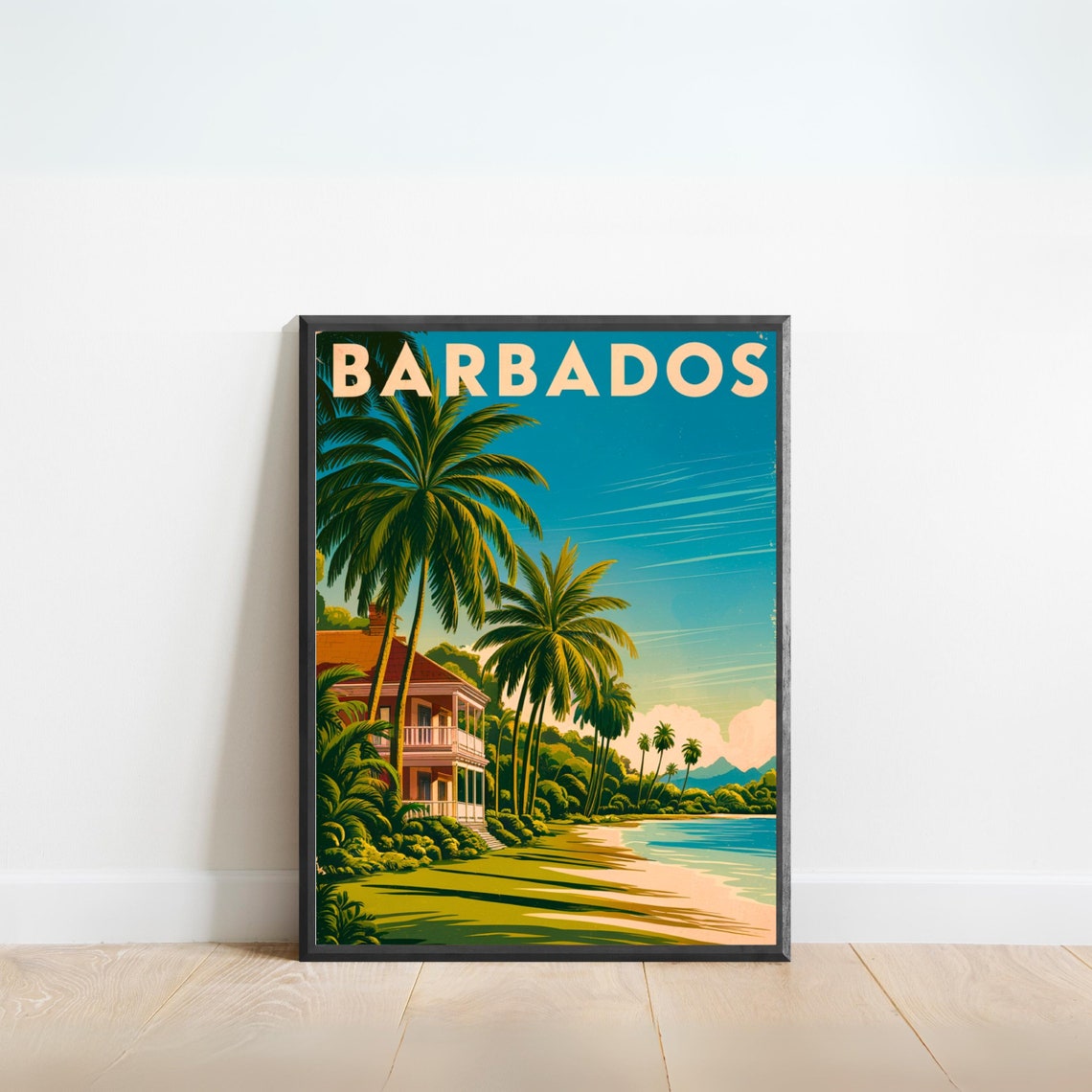 Barbados Vintage Beach House Palm Trees Caribbean Travel Poster
