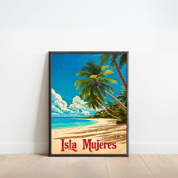 Isla Mujeres Vintage Travel Poster Isla Mujeres Print Mexico Wall Art Framed Present Gift Cancun Mexico Present