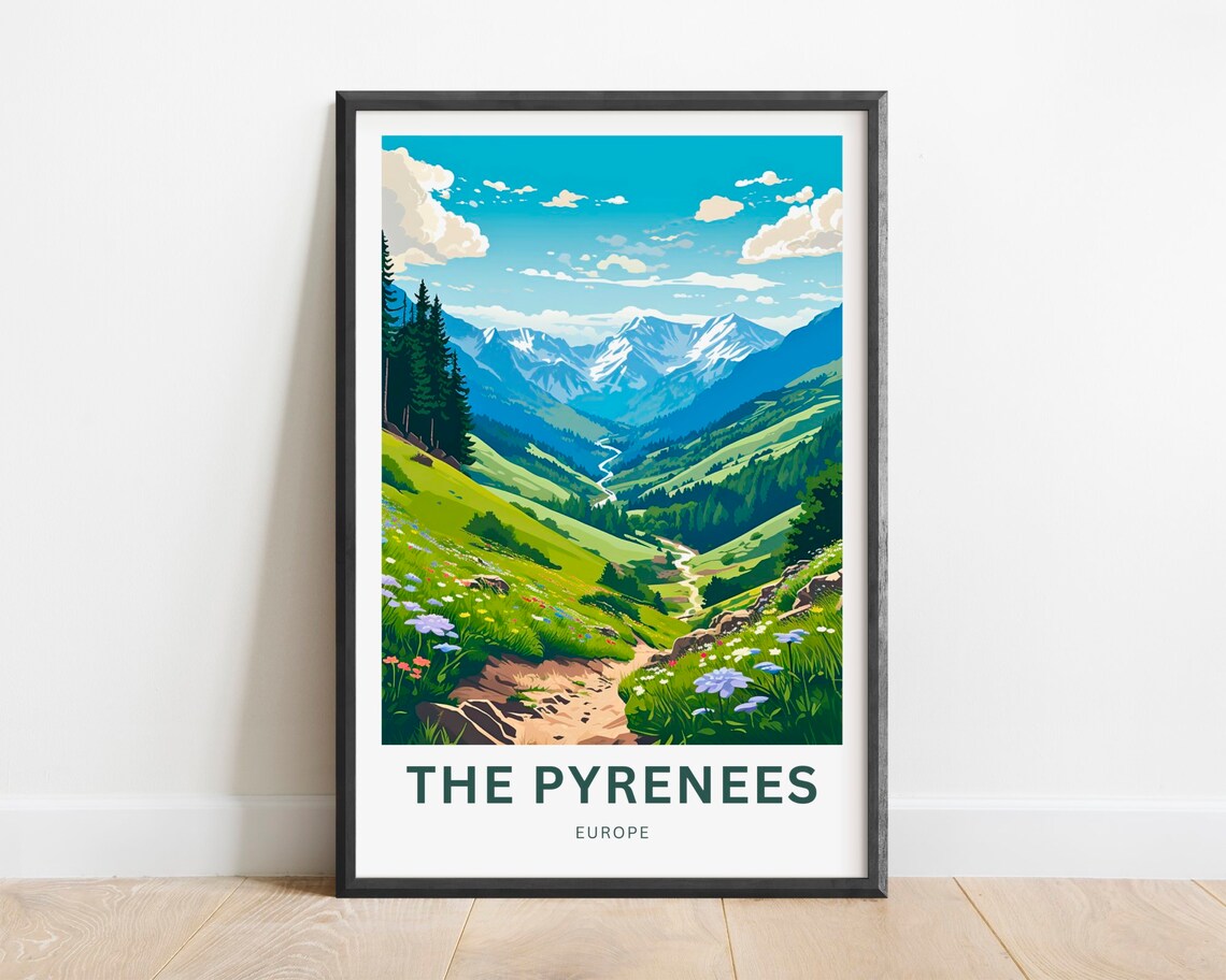 The Pyrenees Mountain Valley Wildflower Vintage Travel Poster