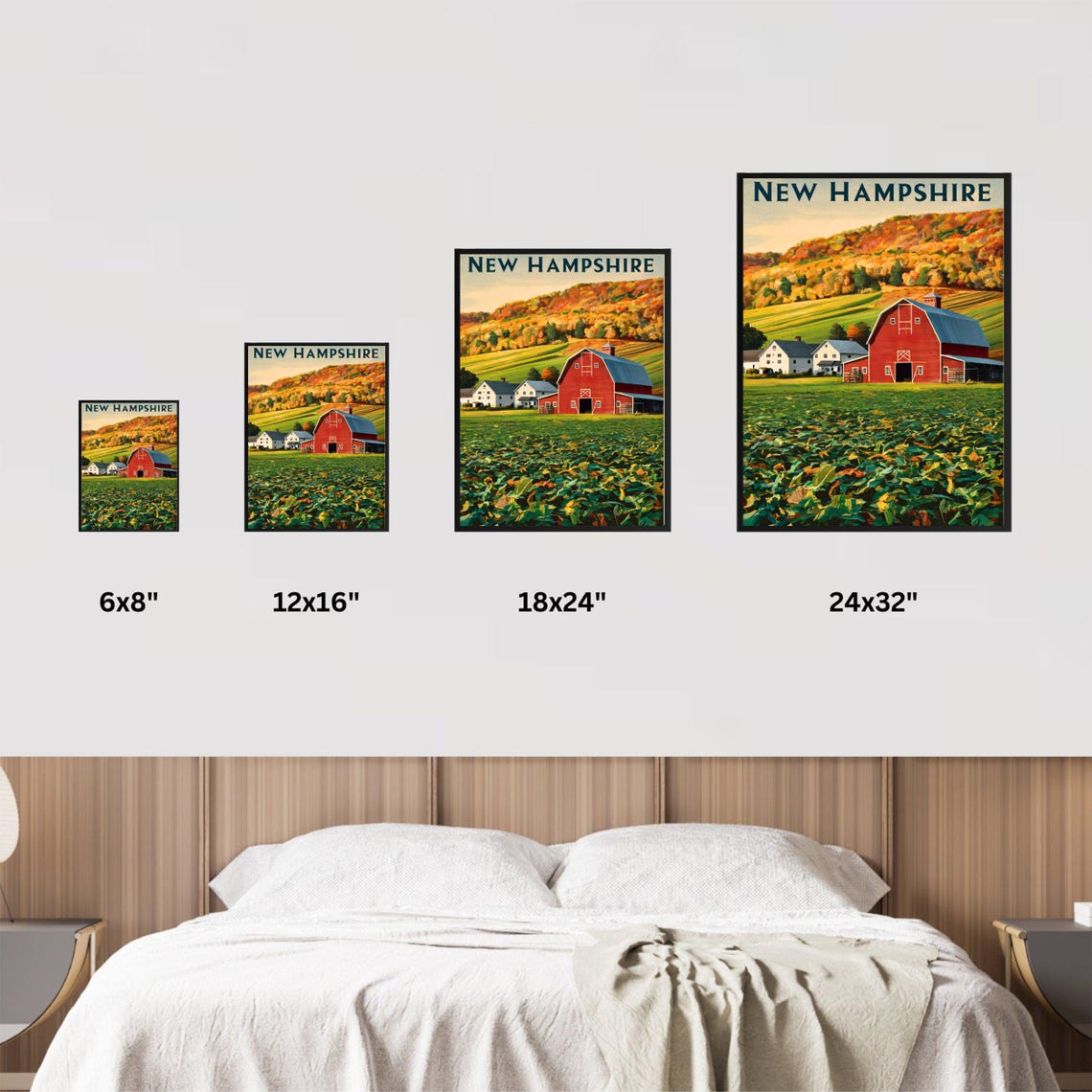 New Hampshire Vintage Red Barn Farm Fall Hillside Scene Travel Poster - Image 4