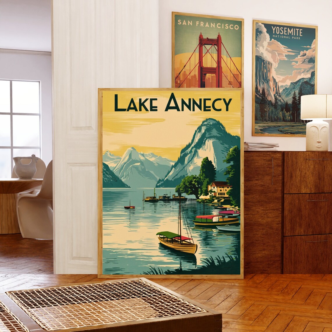 Lake Annecy Golden Sky Sailboat Mountain Shore Vintage Poster - Image 5