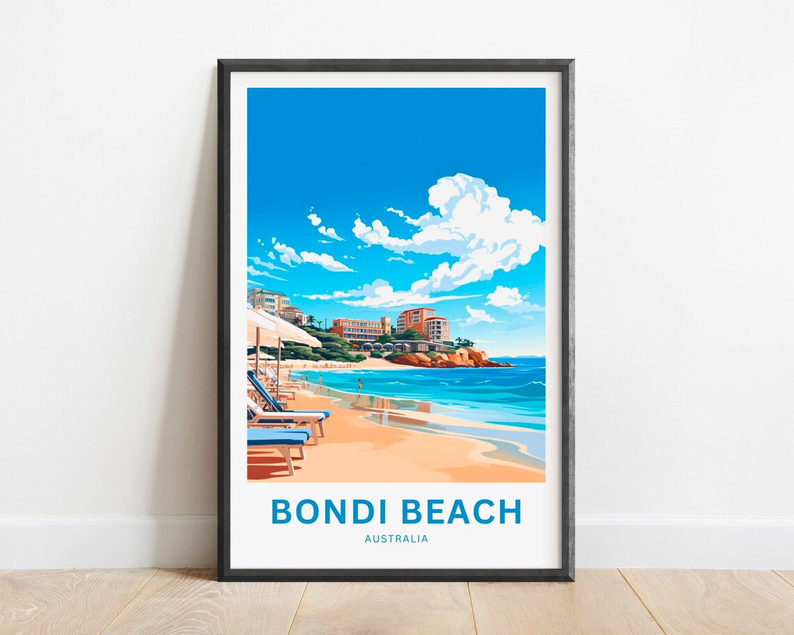 Bondi Beach Australia Shoreline Loungers Waves Travel Poster