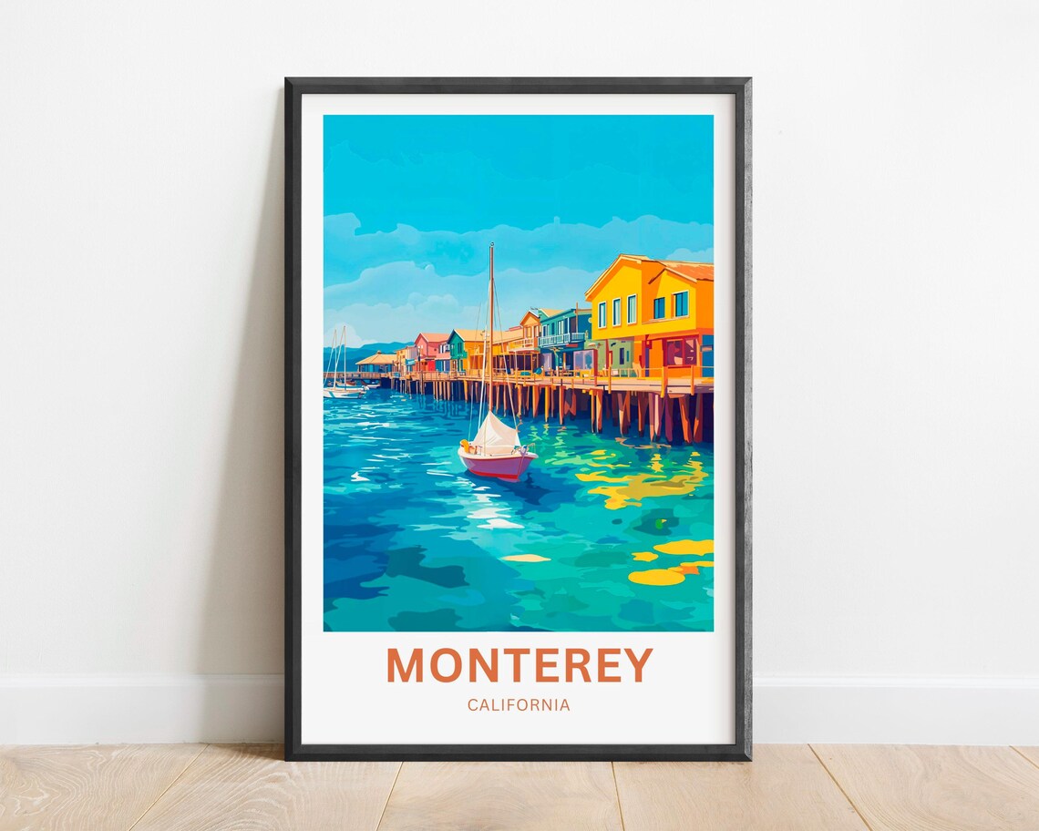 Monterey California Waterfront Sailboats Colorful Pier Houses Poster