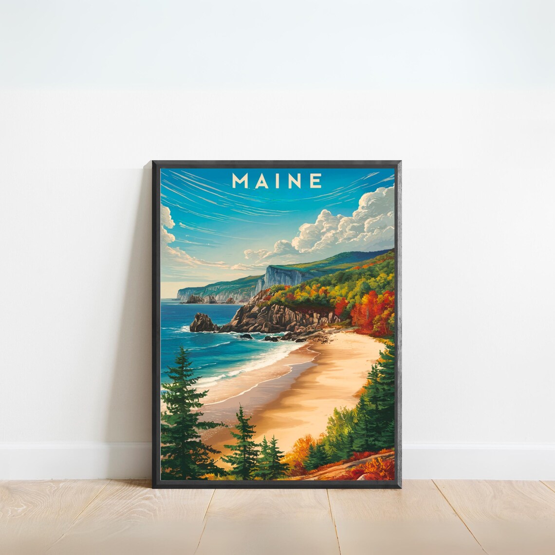 Maine Autumn Coast Vintage Style Travel Poster New England Beach Decor