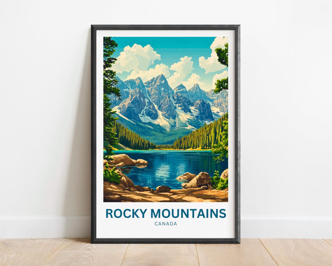 Rocky Mountains Canada Alpine Lake Peak View Vintage Travel Poster
