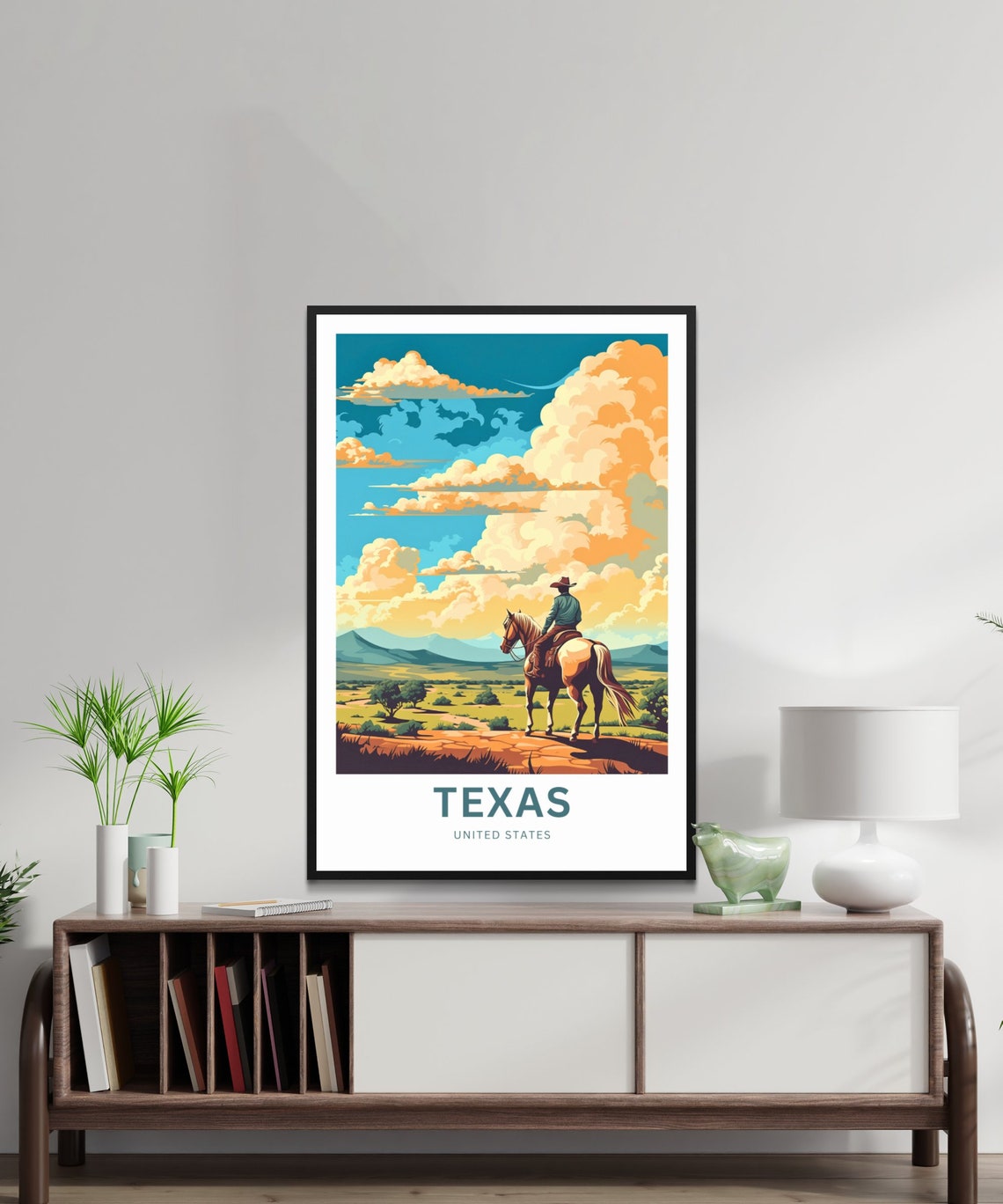 Texas Cowboy On White Horse Prairie Under Cloud Filled Sky Poster - Image 2