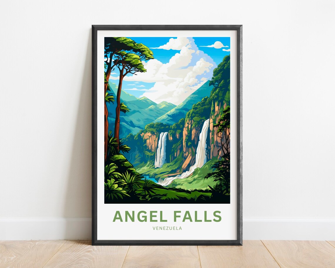 Angel Falls Venezuela Jungle Waterfalls Lush Green Travel Poster