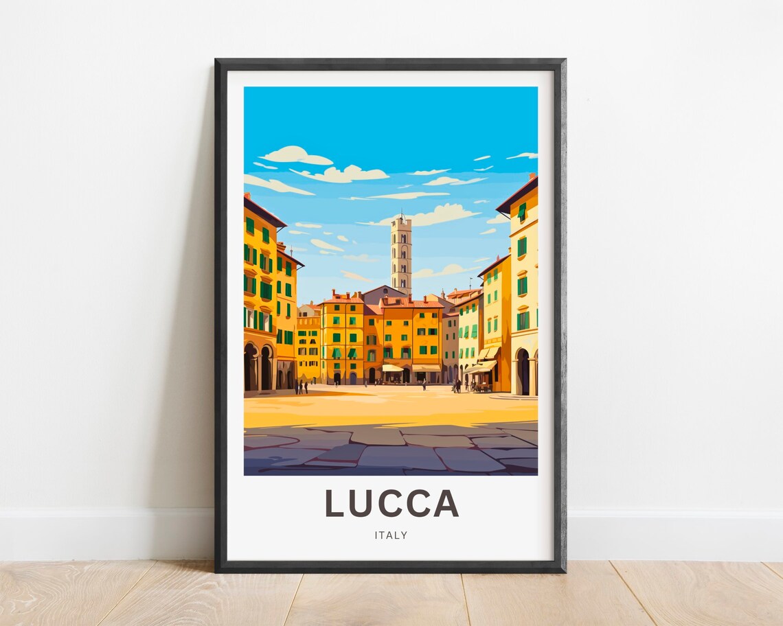 Lucca Italy Historic Piazza Tower Sunlit Town Square Travel Poster