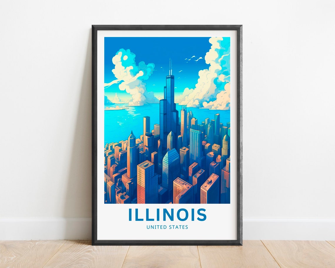 Illinois Chicago Skyline Willis Tower Illustrated Travel Poster