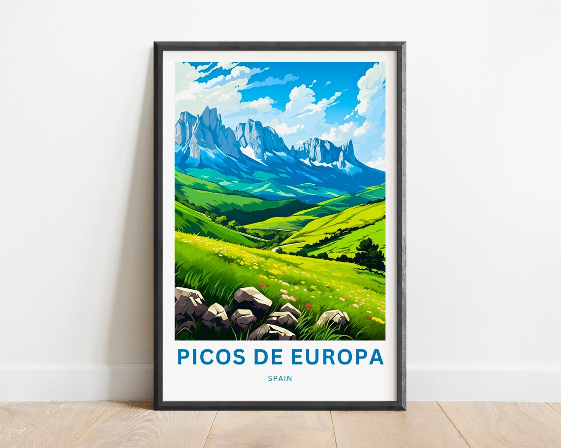 Picos De Europa Spain Wildflower Meadow Mountain Peaks Travel Poster
