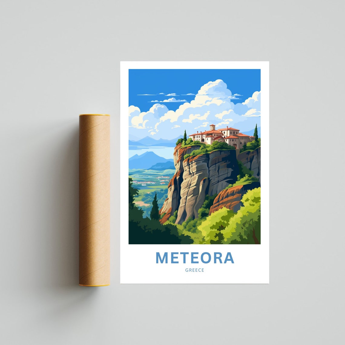 Meteora Greece Clifftop Monastery Over Valley Retro Travel Poster - Image 2