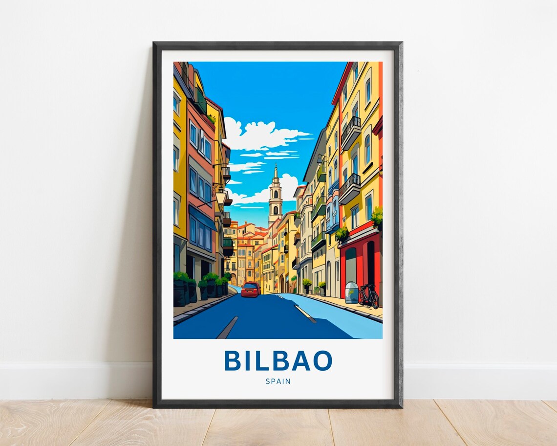 Bilbao Spain Colorful Old Town Street Church Tower Travel Poster