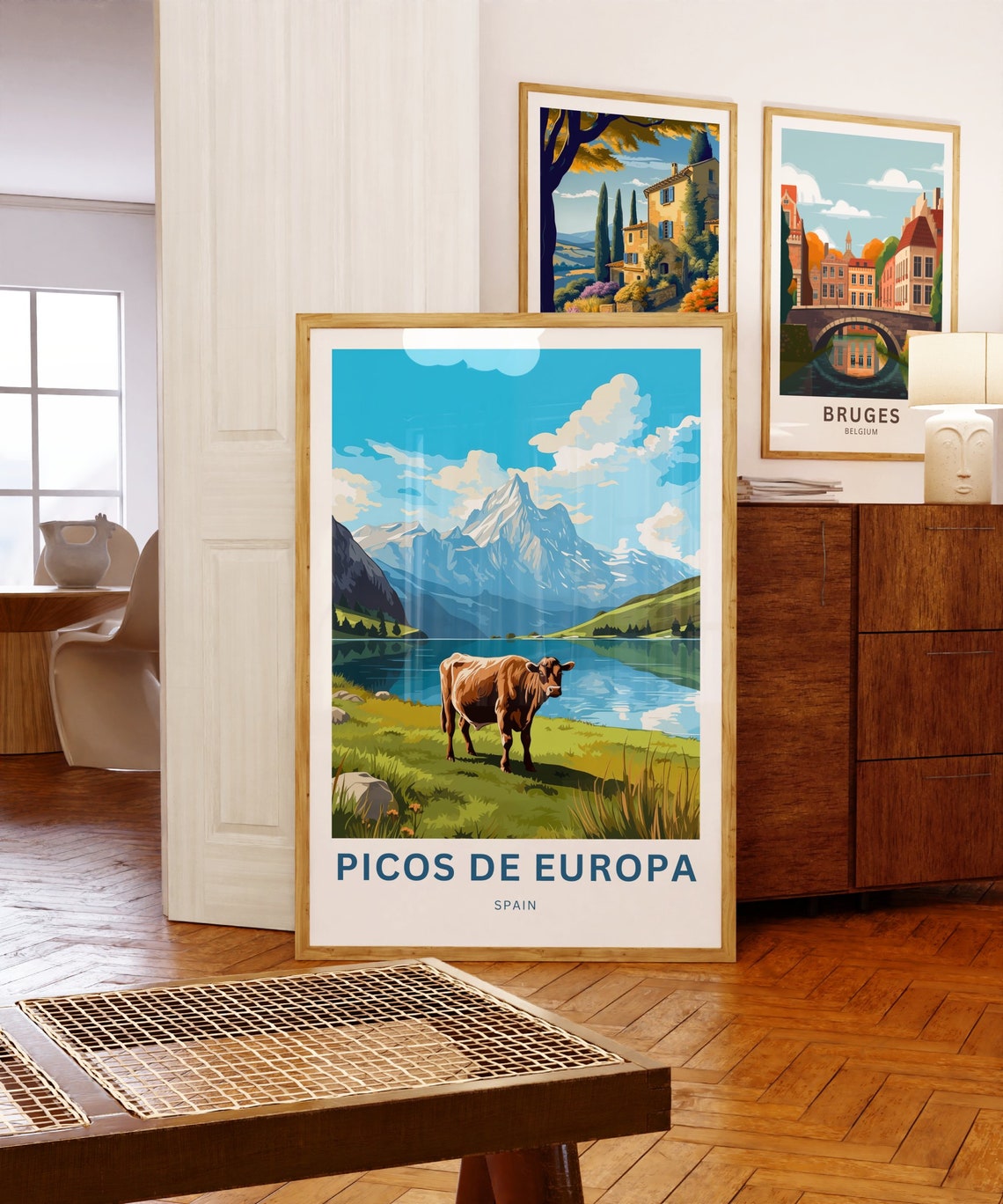 Picos De Europa Spain Snowy Peak Alpine Lake Cow Travel Poster - Image 5
