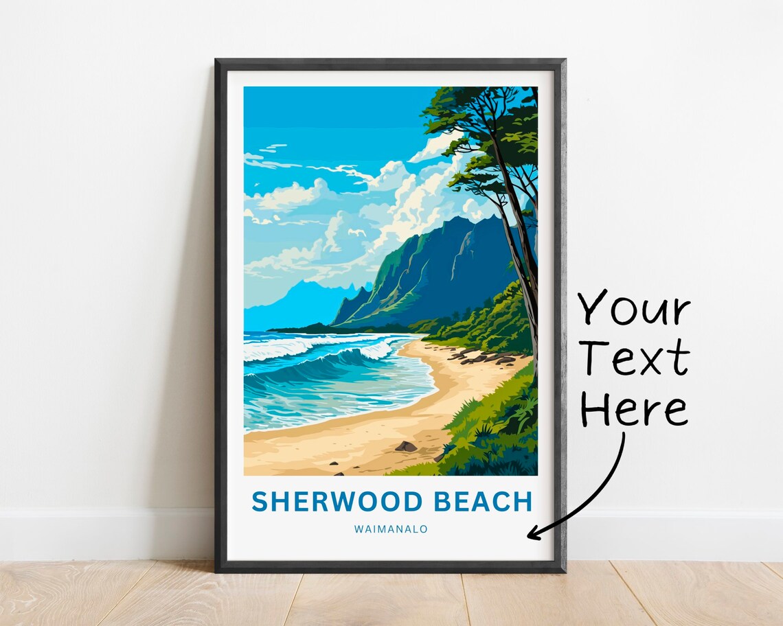 Personalized Sherwood Beach Travel Poster, Waimanalo Hawaii