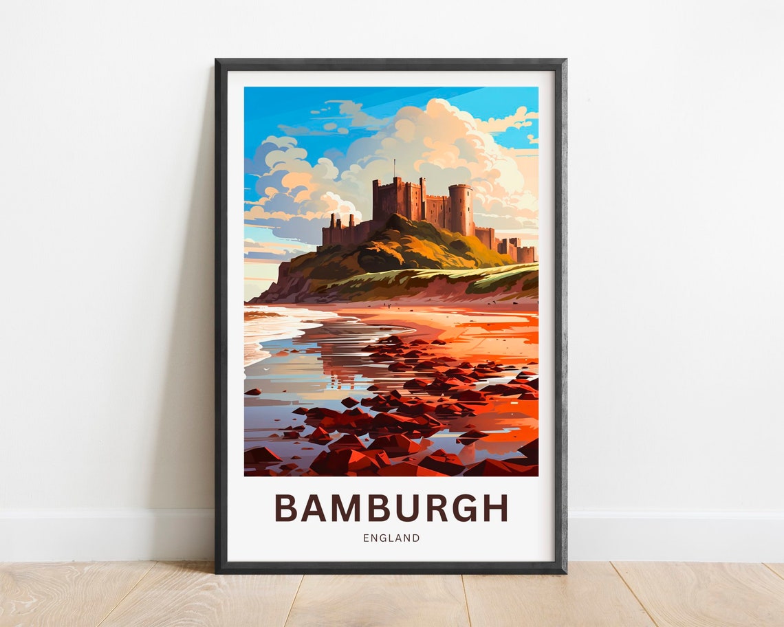 Bamburgh Castle Golden Sunset Reflective Beach England Travel Poster