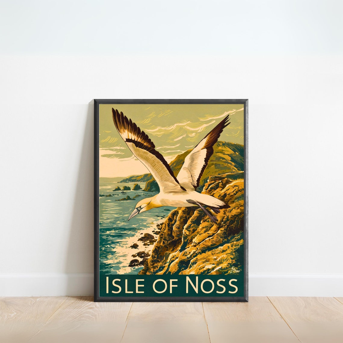 Isle of Noss Scotland Vintage Flying Gannet Over Coastal Cliffs Poster