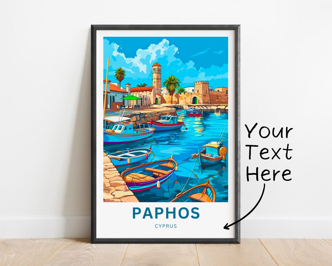 Paphos Cyprus Sunny Harbor Boats Castle Tower Travel Art Poster - Image 2